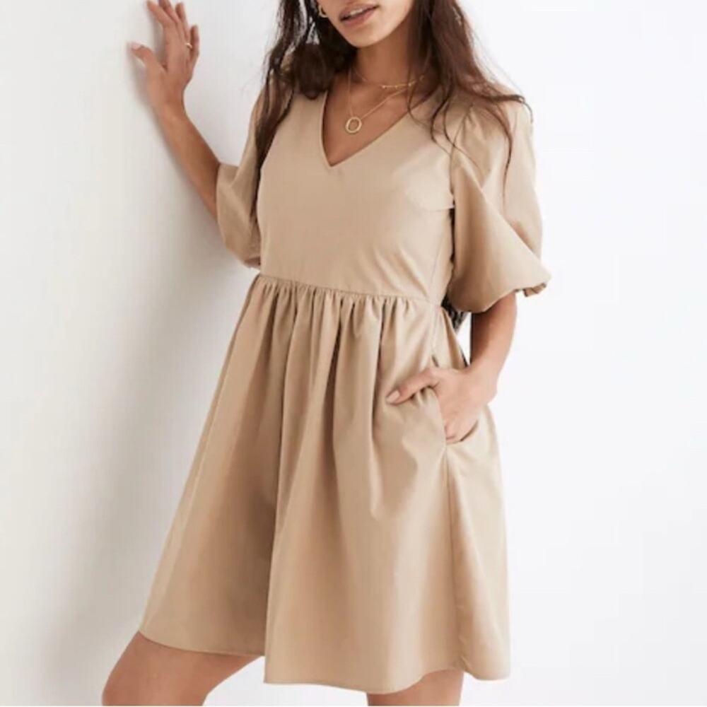 Madewell Poplin V-Neck Beige Bubble-Sleeve Mini Dress Size 2